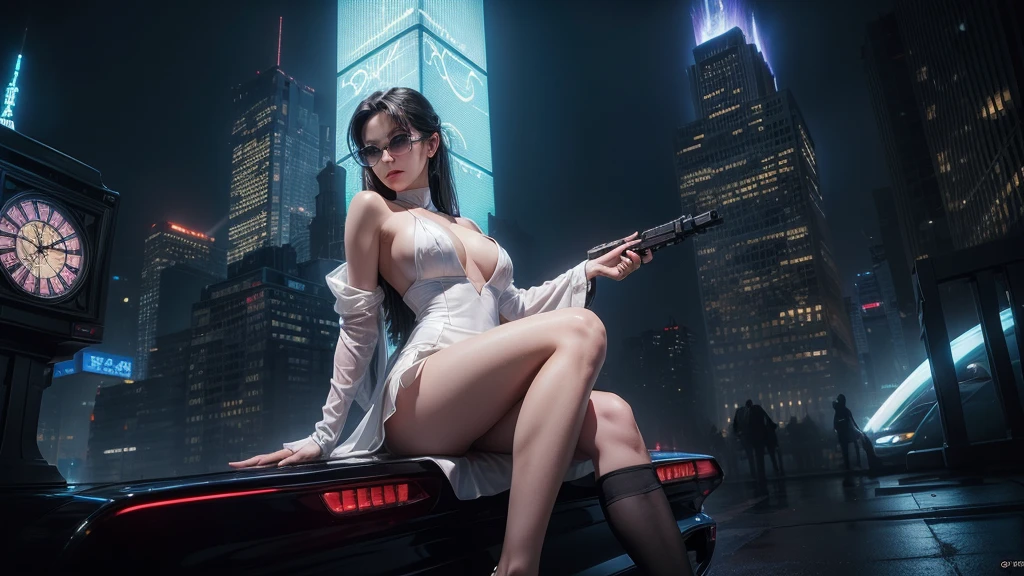 (Wide angle view). Matrix film inspired New York city, simple outlined neon tall buildings, glowing giant clock tower, year 1937 cars, lightning, 3D rendering Beeple. At night, (1girl, solo, alone), photorealistic, large-breast slim:0.6 body, oval:0.5 face, cleavage:1.1, very low angle view of sexy ethereal white dress, deep-v, ((upskirt)), glove, (Matrix style black micro sunglasses), ((aiming viewer with a short gun)), (half-body thigh level close-up shot), cinematic lighting, ray tracing.