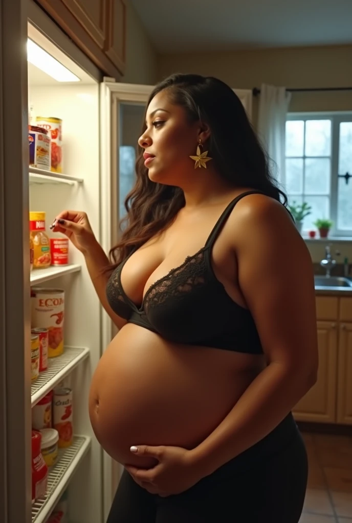 Pov when Cardi B's curvy stepmom l and wearing a plus size bra who is heavily pregnant finishes a lot of food and takes some snacks from your home refrigerator, iphone camera style. 8k hd, realface, cinematic