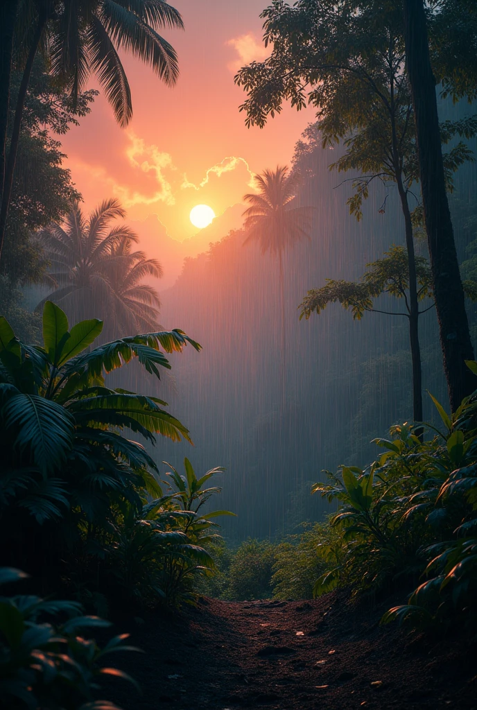 RAW photo, an award-winning National Geographic style HD photograph featuring the untamed beauty of the tropical rainforest. It's just after a rain shower at dusk, the orange-purple hues of twilight permeating the scene, casting long, dramatic shadows and creating a soft, diffused light that gives the landscape an almost ethereal feel. Taken using a Sony Alpha 1 with a 50mm f/1.8 lens, f/11 aperture, shutter speed 1/200s, ISO 100, This stunning image is rendered in insanely high resolution, realistic, 8k, HD, HDR, XDR, focus + sharpen + wide-angle 8K resolution + HDR10 Ken Burns effect + Adobe Lightroom + rule-of-thirds + high-detailed leaves + high-detailed bark + high-detailed feathers. An added touch of depth-of-field effect, lens flare, and digital negative are used to enhance the visual appeal. --ar 2:1