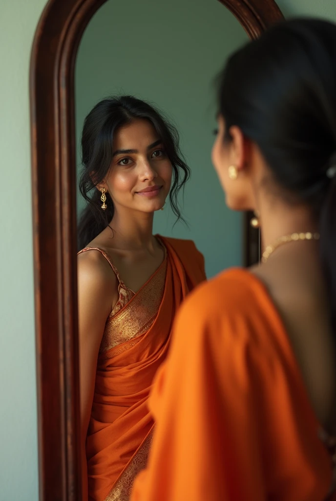 A girl age 25 Bengali girl picture good looking good figure, fair skin, wearing saree , standing in front of mirror , fair skin and healthy body , healthy Big body 