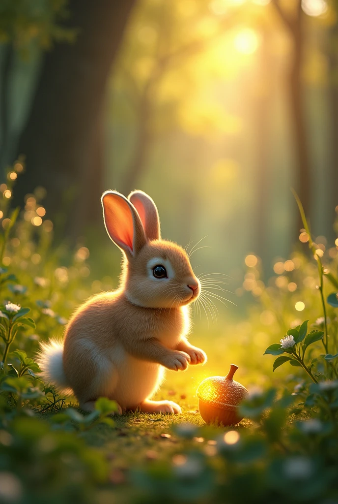Here is a detailed prompt to generate images for each sentence of the story, **"Little Margo and the Secret of the Meadow"**, point-wise:
1. **Margo, a small, fluffy bunny, loved hopping through the woods, nibbling on clover and basking in the sun.**
- Generate a serene woodland scene with a small, fluffy bunny (Margo), hopping around and nibbling on clover. The scene is bright and sunny, with rays of sunlight streaming through the trees.
2. **One sunny afternoon, while playing near a bubbling brook, she noticed something unusual—a trail of sparkling footprints leading towards the meadow.**
- Show Margo playing near a clear, bubbling brook. The focus should be on a trail of sparkling, glowing footprints leading away towards a bright and open meadow in the distance.
3. **Curious and a little brave, Margo followed them.**
- Illustrate Margo cautiously hopping along the trail of glowing footprints, her ears perked up, and eyes wide with curiosity as she ventures toward the meadow.
4. **As she ventured further, the trees around her seemed to whisper secrets of the forest, guiding her to a hidden part of the meadow she had never seen before.**
- Depict Margo surrounded by trees that appear enchanted, with swirling, magical light and soft whispers of wind. The scene feels mysterious, with a glowing path leading toward a hidden part of the meadow.
5. **There, beneath a grand oak tree, lay a glowing, golden acorn.**
- Create a majestic oak tree in the center of the meadow with a glowing, golden acorn lying at its base. Margo stands in awe, looking at the magical object.
6. **Margo's heart raced with excitement. She knew this was no ordinary acorn; it held a magical secret!**
- Show a close-up of Margo, her eyes wide with excitement, her little paws reaching toward the glowing acorn, while magical light radiates from it.
7. **Gathering her courage, Margo decided to protect the golden acorn and uncover the mystery it held.**
- Illustrate Margo stan