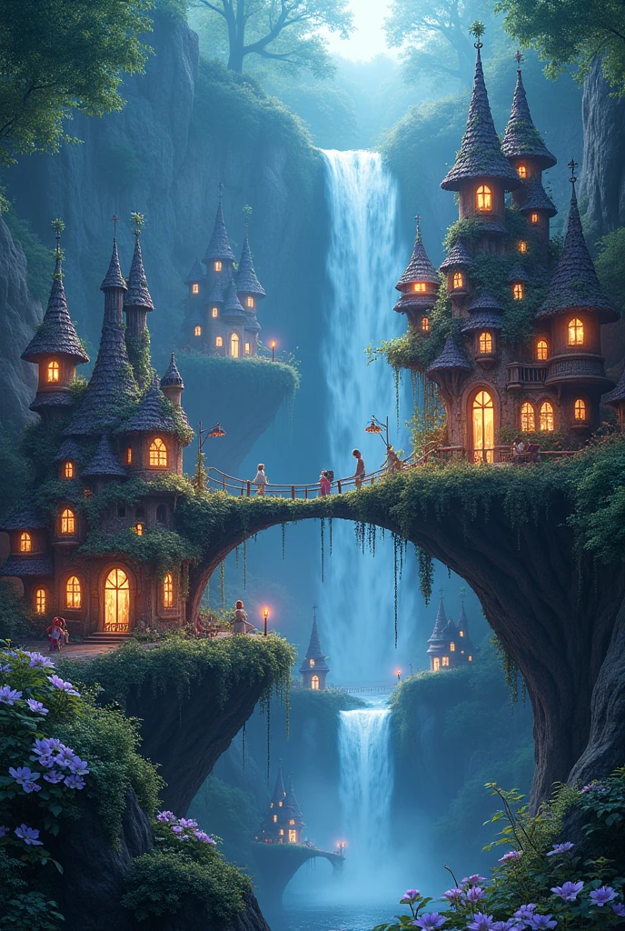 Fantastic and magical village of bridges and floating houses, with plants and flowers around it, in front of a waterfall. at night