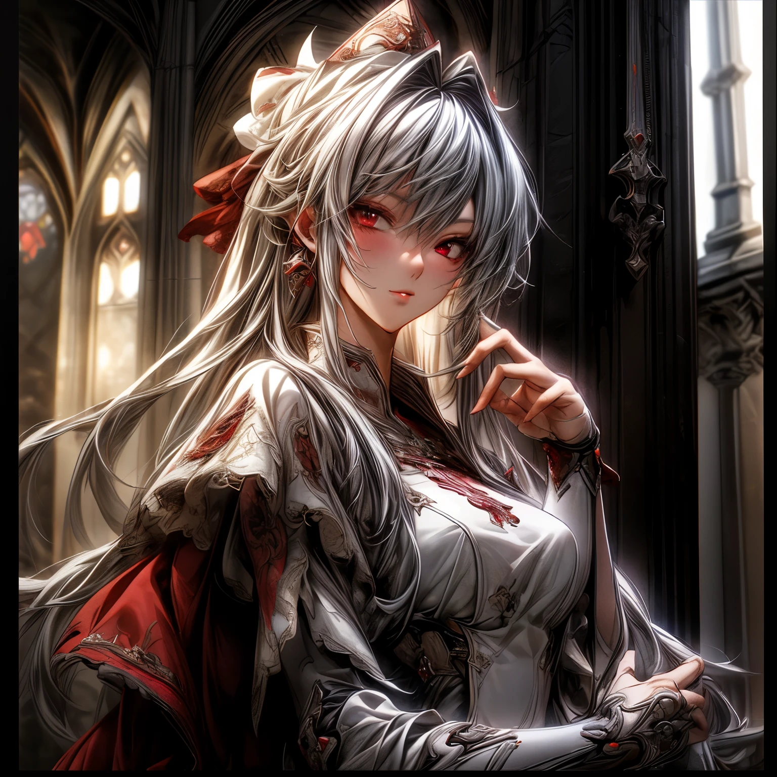 (best quality)), ((Masterpiece)), (details:1.4), 3d, HDR (high dynamic range), an image of a beautiful cyberpunk female, Cyberpunk, Fantasy, Ash gray hair, Long hair, Beautiful Red eyes, จมูกโด่ง, ปากแดง, หน้าอกใหญ่, nvidia RTX, PBR surface, After processing, Anisotropic filtration,depth of field, Maximum clarity and clarity, multi-layered surface, Subsurface scattering, perfect proportions, 8K raw files, ultra detailed, Perfect proportions, volumetric lighting, soft lighting, Holy Paladin, Heavy Red Armor, White dress, glossy skin, intricate Silver embroidery, Tower background, jewely, ต่างหู, นิ้วมือสมบูรณ์,