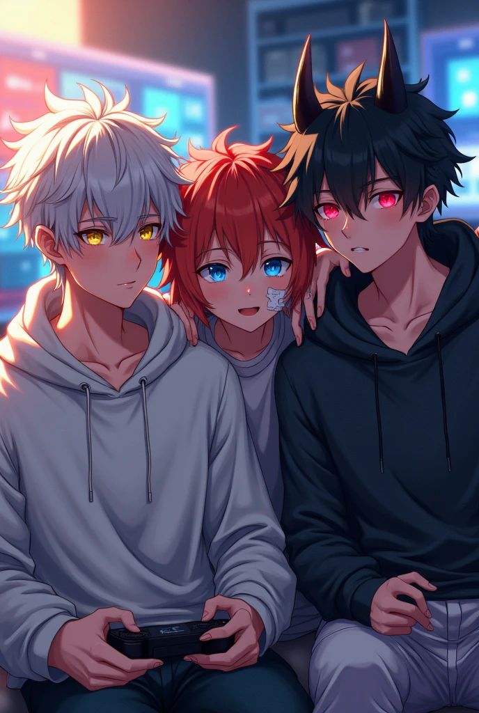 An handsome young Japanese man with white messy hair and golden eyes. White hoodsweater. A bit skinny. Sat on a chair with his gaming set up. Anime. Next to a handsome Japanese young boy with red and not orange hair. The boy have a bandage on his cheeks and bruises under his eyes. He have light blue eyes. Still next to them, there is a young boy with red glowing eyes, black messy hair and black horns. He have a stoïc facial expression.