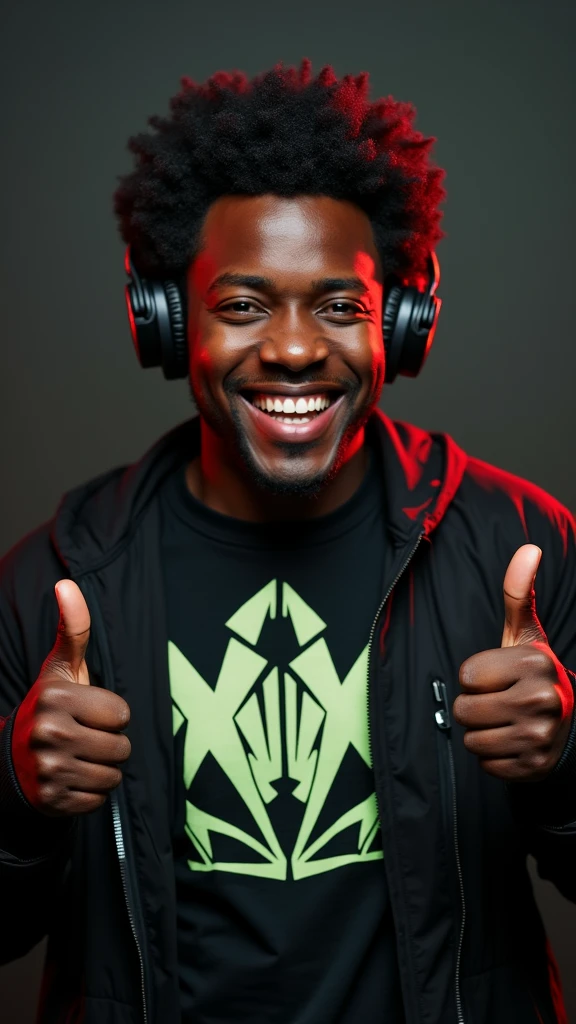 smiling man in black jacket with headphones showing thumbs up, twitch streamer / gamer ludwig, with head phones, dj sura, taken in 2 0 2 0, taken in 2022, afro tech, riyahd cassiem, album art, profile picture 1024px, with headphones, joyful smirk, dj, headphones dj rave, album photo
