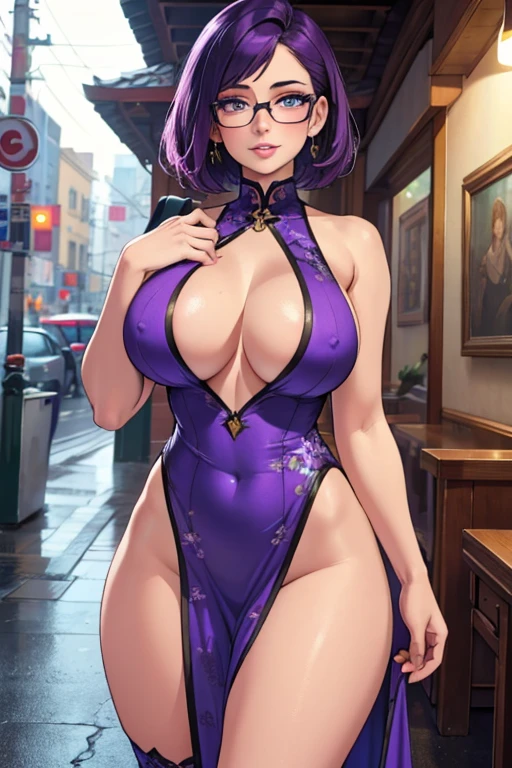 1girl, beautiful detailed eyes, beautiful detailed lips, extremely detailed eyes and face, long eyelashes, purple hair, blue eyes, extremely short hair, lots of freckles, framed eyeglasses, heart shaped choker, happy, smiling, blushing, thick lips, full lips, huge breasts, extreme cleavage, deep cleavage, very thin body, keyhole chinese dress, sleeveless, bare arms, thigh stockings, perfect anatomy, restaurant background, detailed background, sunrise, (best quality,4k,8k,highres,masterpiece:1.2),ultra-detailed,(realistic,photorealistic,photo-realistic:1.37),HDR,UHD,studio lighting,ultra-fine painting,sharp focus,physically-based rendering,extreme detail description,professional,vivid colors,bokeh,portraits