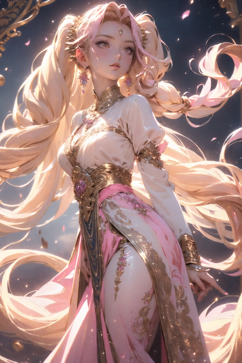 (best quality,4k,8k,highres,masterpiece:1.2),ultra-detailed girl anime character, very long twintail pinkgold hair, mythology, traditional europe mythology dress, gorgeous hair accesories, gorgeous dress,high detailed, pastel color mood and tone background.