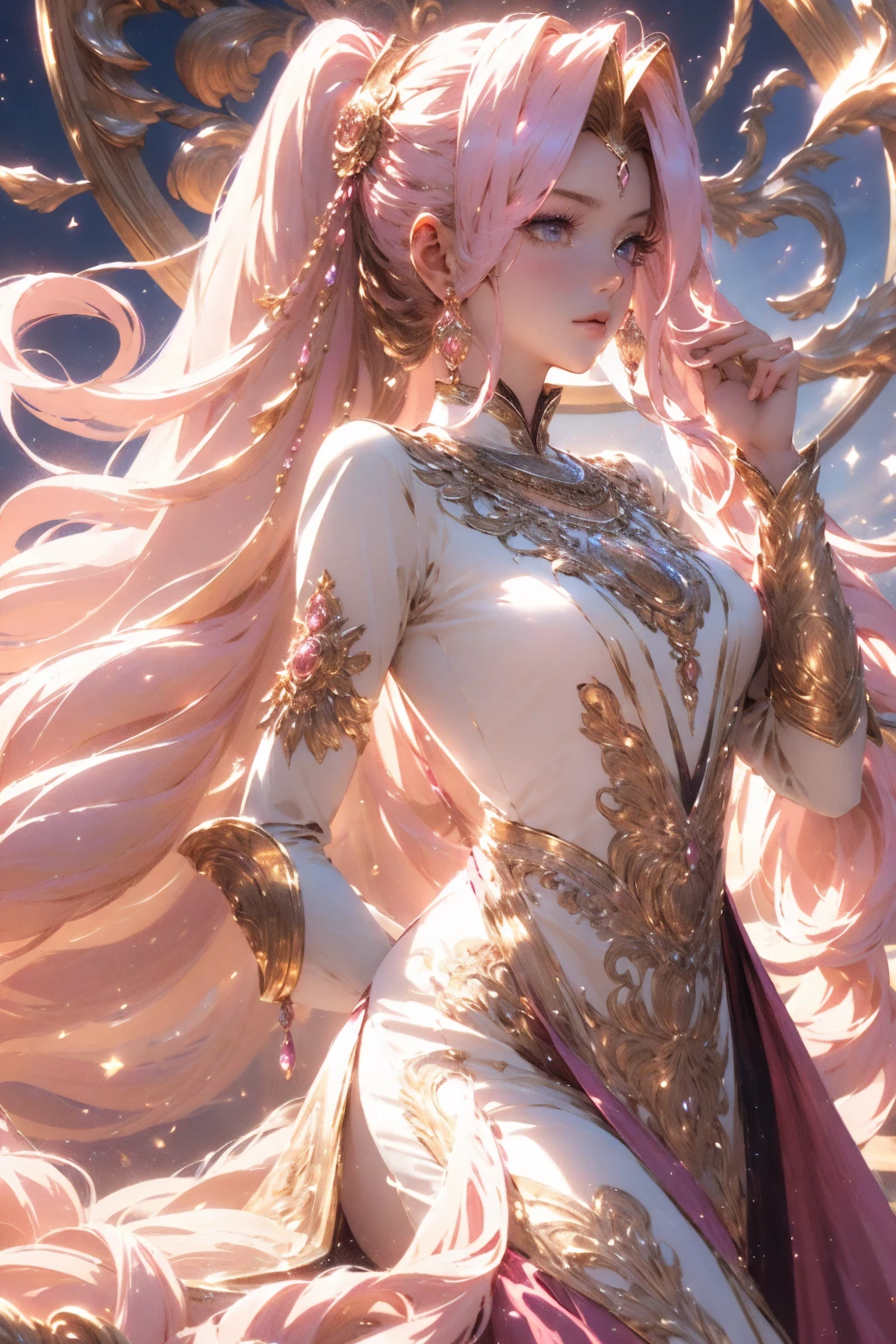 (best quality,4k,8k,highres,masterpiece:1.2),ultra-detailed girl anime character, very long twintail pinkgold hair, mythology, traditional europe mythology dress, gorgeous hair accesories, gorgeous dress,high detailed, pastel color mood and tone background.
