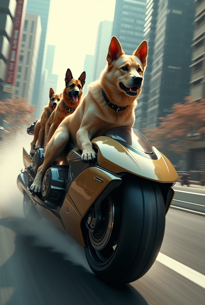 One labrador and 2 german shepherd dogs on bullet bike