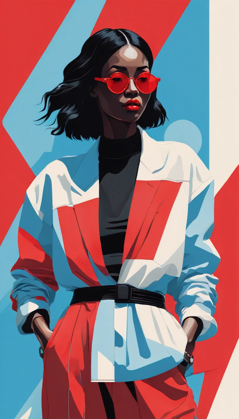 Woman in the style of sky-blue and red, hip hop aesthetics, bold, graphic shapes, sun-soaked colours, neo-geo, light black and red