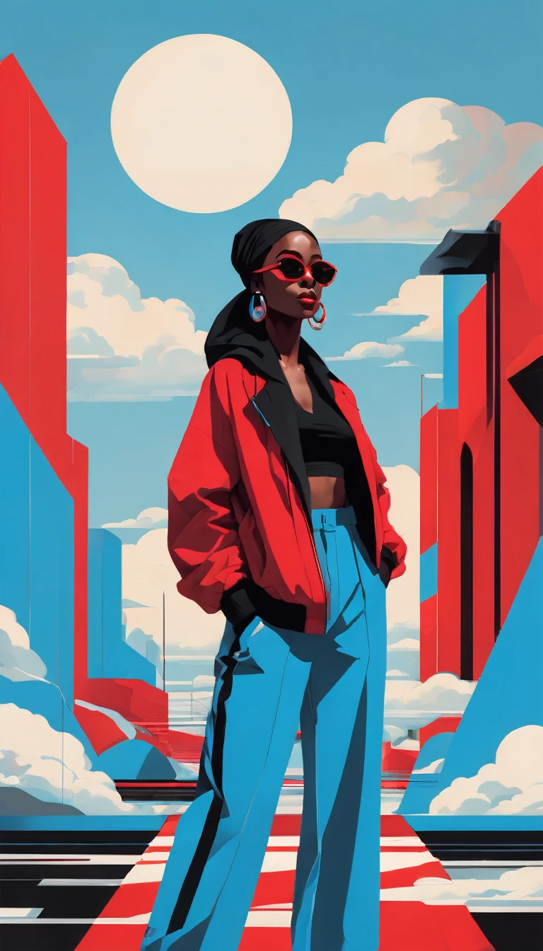 Woman in the style of sky-blue and red, hip hop aesthetics, bold, graphic shapes, sun-soaked colours, neo-geo, light black and red 