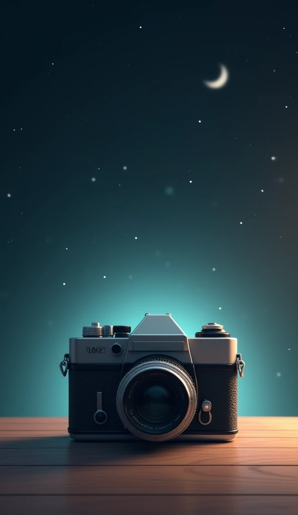 Imagine a minimalist yet fantastic phone wallpaper featuring an old, vintage camera. The camera, rendered in soft, detailed shades of black and grey, is the central focus, sitting on a wooden surface with a subtle texture that adds warmth to the scene. Behind the camera, there is a dreamy, ethereal glow that gradually fades into a dark, starry night sky, dotted with distant stars and a crescent moon.
The wallpaper combines elements of nostalgia and fantasy, with the camera representing a gateway to capturing memories, while the night sky hints at the endless possibilities and mysteries that lie beyond. The overall color palette is muted, with deep blues, blacks, and soft whites, creating a calming and aesthetically pleasing backdrop for your phone.
