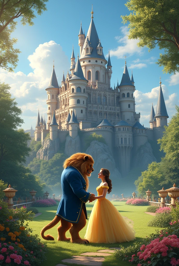 Beauty and the Beast in front of the castle on the lawn