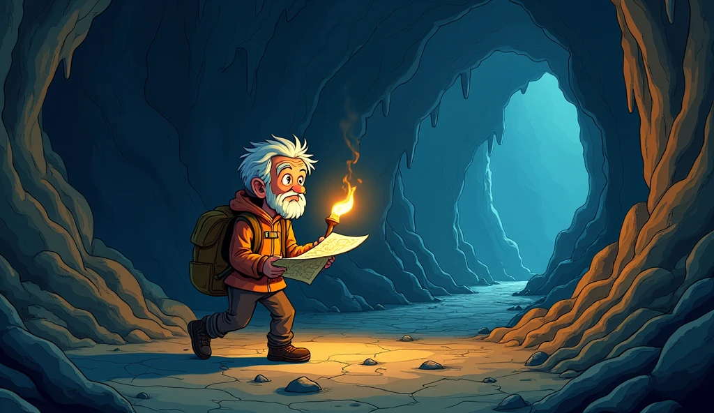 A old boy is in a cave Lighting the torch
And walking slowly and also watching the map cartoon pic