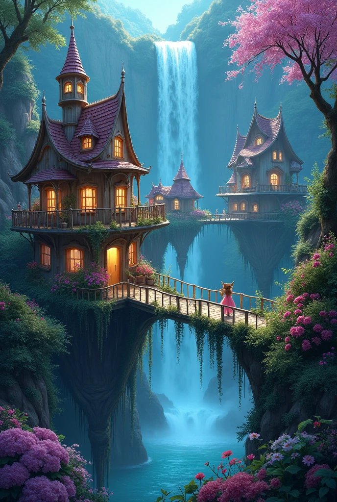 Fantastic and magical village of bridges and floating houses, with plants and flowers around it, in front of a waterfall. at night