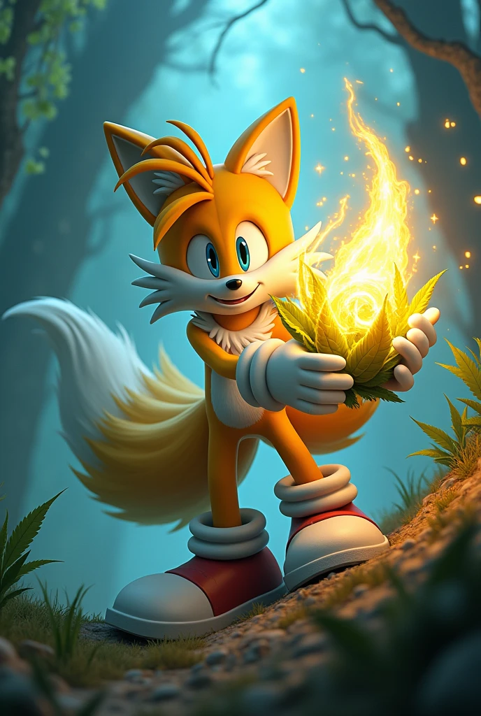 Miles tails with glowing eyes holding weed plant 