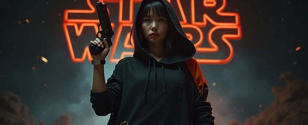 Captured from a low-angle perspective, a medium-angle shot captures a woman's attention, holding a gun in her right hand. She is dressed in a dark-colored outfit, adorned with a hoodie and a watch on her left wrist. Her left arm is raised in the air, while her right arm rests on her hip. Her right arm is draped over her shoulder, adding a pop of color to the scene. The backdrop is a dark, star-filled sky, adding depth to the composition. The backdrop is blurred with 2D neon text that reads "Star Wars Outlaws" in the background at the top of the picture, creating a stark contrast to the girl and the pet