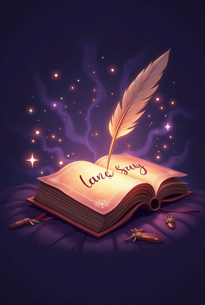 A class logo named “En(g)chanted (2427’s version)”: has an enchanted theme in purple, a book with glowing pages and a quill writing out the name, magical fairy lights and stars, with Taylor Swift’s signature font, don’t forget to incorporate a symbol or number that signifies “2427” in a creative way, like hidden with The design or as part of a crest for shield
