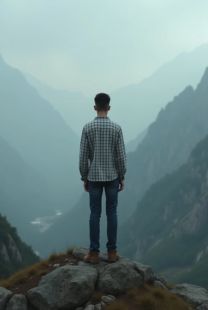 A broken heart person ,with white and black chek shirt with full sleeves and woodland shoes, slim body,dark blue jeans , standing on mountain top ,pic click from back side, oval face,6 Feet height and 54
 kg weight , no face seen in pic , simple hair cut 

