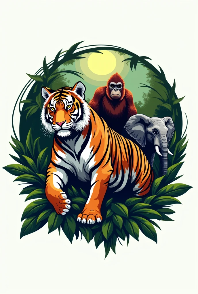 Sumatran tiger round logo orangutan and elephant