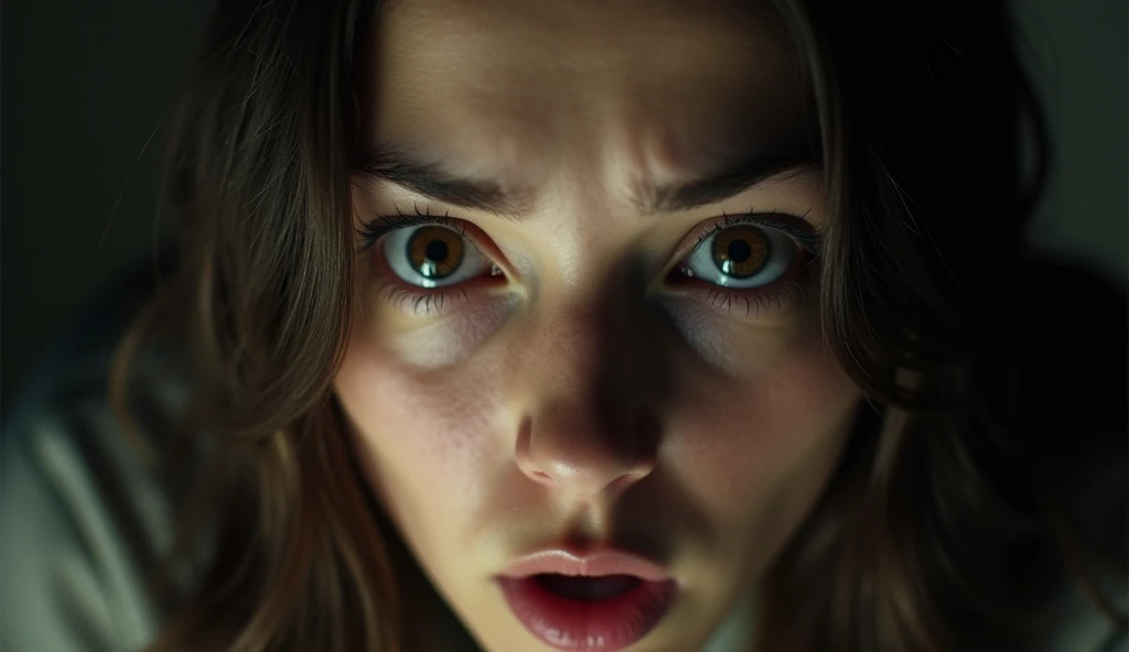 Cinematic, realistic, An extreme close-up of a young woman's face, focusing on their wide, brown eyes that are filled with shock and fear. The pupils are slightly dilated, and the character's eyebrows are raised, emphasizing the intense emotion. The lighting is dramatic, casting shadows across the face, which highlights the tension in the scene. The character's hair is dark long straight, partially framing their face, and there are subtle lines around the eyes, suggesting stress or anxiety. The background is minimal, keeping the attention on the character's expression.