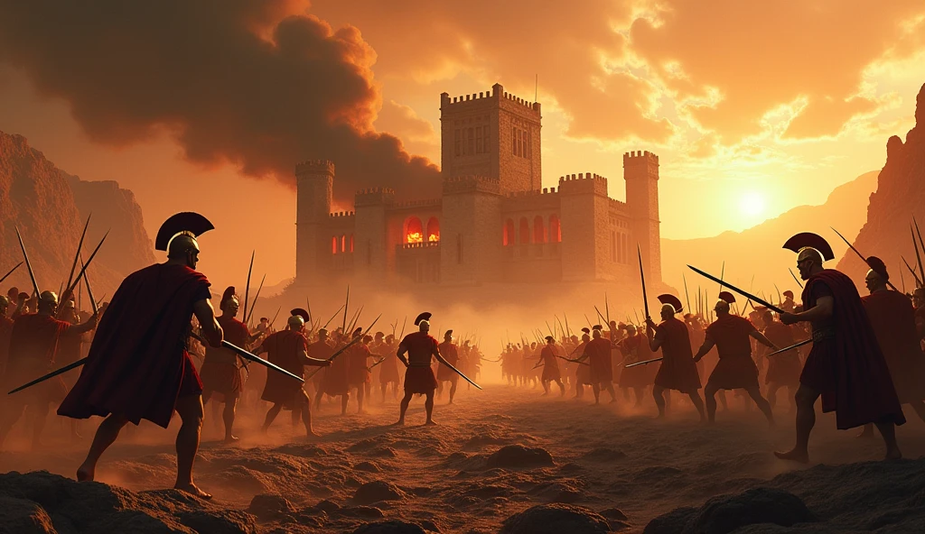 greek battle ground (((swords clanking))) and castle burning in background ((renaissance)) ((cinematic))