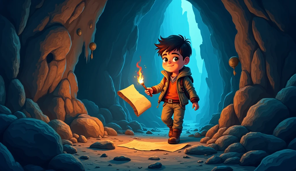 A 30 boy is in a cave Lighting the torch
And walking slowly and also watching the map cartoon pic