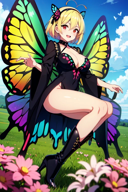 1girl,solo,antennae,black hairband,blonde hair,hair between eyes,hair flower,hair ornament,hairband,smile,red eyes,open mouth,large breasts,cleavage,(butterfly girl),butterfly wings,insect wings,(monster girl),crazy straw,day,dress,flower,grass,high heel boots,high heels,light blush,long sleeves,looking at viewer,outdoors,short hair,thigh boots,blue sky,cloud,