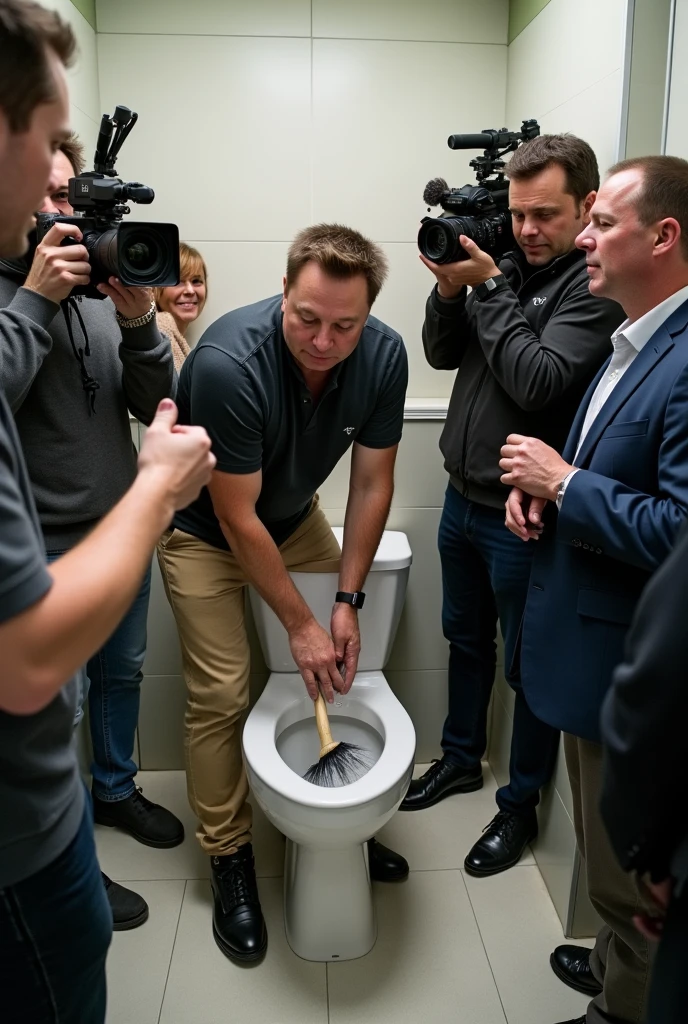 elon musk clean a toilet and media is laugh and record her video


