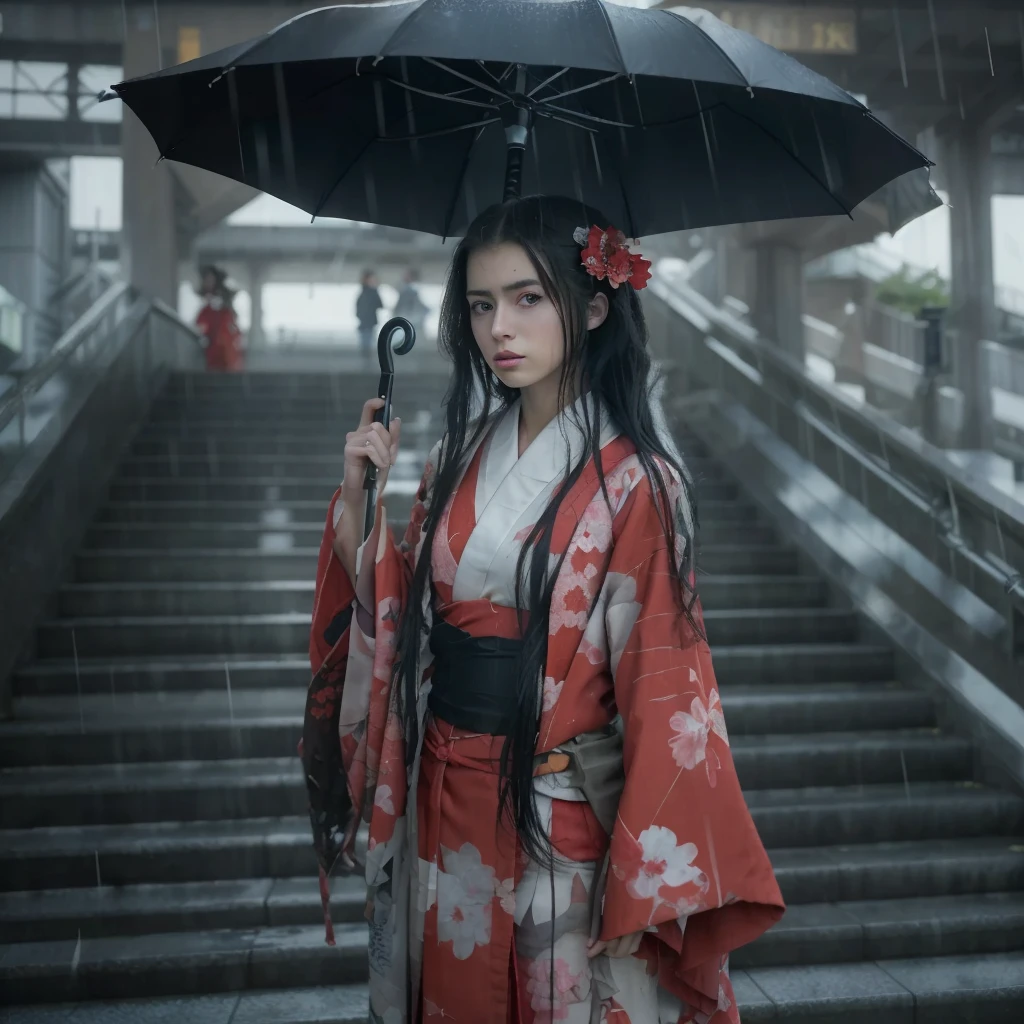 A girl youngs teen body tall famous net idol girl masterpieces pedigree japanese (hyperdetailed)(hyperrealistics), face oval slim more japaneses cure beautiful(full HD)(detailed)(realistics), skin white aura, trick eyebrows, eyes sky blue lignting, hair long straight black, (detailed),(realistic), red miko kimono, (detailed),(realistics)
A photo a girl masterpiece hafe body,standing with an umbrella black, indifferrene, peaceful, look at the exit, Cloudy dark light rain, lighting shining, On background standing with an RED umbrella at the sation exit stairs tokyo station, japan (cinemstic darksoul society style),(8K),(real engine),(high quality),(full HD),(detailed),(realistics,masterpiece:1.3),(8K),(detailed),(realistics),