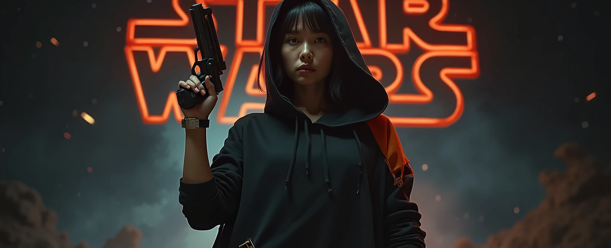 Captured from a low-angle perspective, a medium-angle shot captures a woman's attention, holding a gun in her right hand. She is dressed in a dark-colored outfit, adorned with a hoodie and a watch on her left wrist. Her left arm is raised in the air, while her right arm rests on her hip. Her right arm is draped over her shoulder, adding a pop of color to the scene. The backdrop is a dark, star-filled sky, adding depth to the composition. The backdrop is blurred with 2D neon text that reads "Star Wars Outlaws" in the background at the top of the picture, creating a stark contrast to the girl and the pet