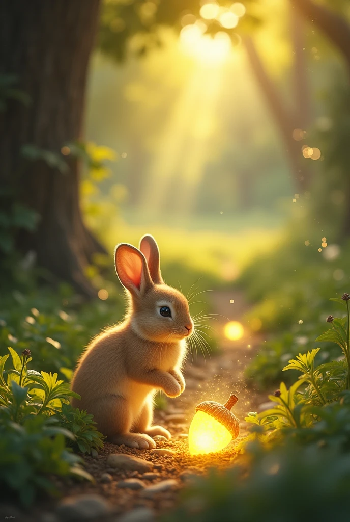 Here is a detailed prompt to generate images for each sentence of the story, **"Little Margo and the Secret of the Meadow"**, point-wise:
1. **Margo, a small, fluffy bunny, loved hopping through the woods, nibbling on clover and basking in the sun.**
- Generate a serene woodland scene with a small, fluffy bunny (Margo), hopping around and nibbling on clover. The scene is bright and sunny, with rays of sunlight streaming through the trees.
2. **One sunny afternoon, while playing near a bubbling brook, she noticed something unusual—a trail of sparkling footprints leading towards the meadow.**
- Show Margo playing near a clear, bubbling brook. The focus should be on a trail of sparkling, glowing footprints leading away towards a bright and open meadow in the distance.
3. **Curious and a little brave, Margo followed them.**
- Illustrate Margo cautiously hopping along the trail of glowing footprints, her ears perked up, and eyes wide with curiosity as she ventures toward the meadow.
4. **As she ventured further, the trees around her seemed to whisper secrets of the forest, guiding her to a hidden part of the meadow she had never seen before.**
- Depict Margo surrounded by trees that appear enchanted, with swirling, magical light and soft whispers of wind. The scene feels mysterious, with a glowing path leading toward a hidden part of the meadow.
5. **There, beneath a grand oak tree, lay a glowing, golden acorn.**
- Create a majestic oak tree in the center of the meadow with a glowing, golden acorn lying at its base. Margo stands in awe, looking at the magical object.
6. **Margo's heart raced with excitement. She knew this was no ordinary acorn; it held a magical secret!**
- Show a close-up of Margo, her eyes wide with excitement, her little paws reaching toward the glowing acorn, while magical light radiates from it.
7. **Gathering her courage, Margo decided to protect the golden acorn and uncover the mystery it held.**
- Illustrate Margo stan