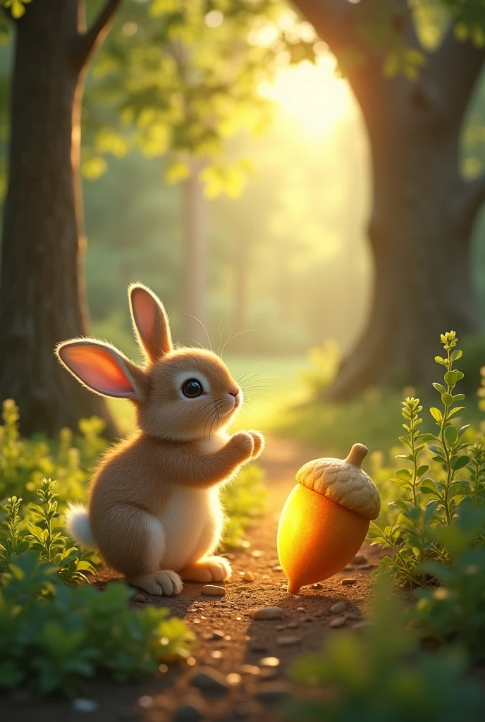 Here is a detailed prompt to generate images for each sentence of the story, **"Little Margo and the Secret of the Meadow"**, point-wise:
1. **Margo, a small, fluffy bunny, loved hopping through the woods, nibbling on clover and basking in the sun.**
- Generate a serene woodland scene with a small, fluffy bunny (Margo), hopping around and nibbling on clover. The scene is bright and sunny, with rays of sunlight streaming through the trees.
2. **One sunny afternoon, while playing near a bubbling brook, she noticed something unusual—a trail of sparkling footprints leading towards the meadow.**
- Show Margo playing near a clear, bubbling brook. The focus should be on a trail of sparkling, glowing footprints leading away towards a bright and open meadow in the distance.
3. **Curious and a little brave, Margo followed them.**
- Illustrate Margo cautiously hopping along the trail of glowing footprints, her ears perked up, and eyes wide with curiosity as she ventures toward the meadow.
4. **As she ventured further, the trees around her seemed to whisper secrets of the forest, guiding her to a hidden part of the meadow she had never seen before.**
- Depict Margo surrounded by trees that appear enchanted, with swirling, magical light and soft whispers of wind. The scene feels mysterious, with a glowing path leading toward a hidden part of the meadow.
5. **There, beneath a grand oak tree, lay a glowing, golden acorn.**
- Create a majestic oak tree in the center of the meadow with a glowing, golden acorn lying at its base. Margo stands in awe, looking at the magical object.
6. **Margo's heart raced with excitement. She knew this was no ordinary acorn; it held a magical secret!**
- Show a close-up of Margo, her eyes wide with excitement, her little paws reaching toward the glowing acorn, while magical light radiates from it.
7. **Gathering her courage, Margo decided to protect the golden acorn and uncover the mystery it held.**
- Illustrate Margo stan