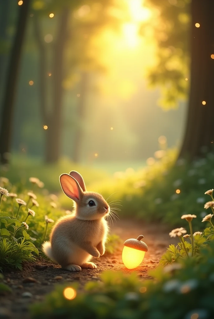 Here is a detailed prompt to generate images for each sentence of the story, **"Little Margo and the Secret of the Meadow"**, point-wise:

1. **Margo, a small, fluffy bunny, loved hopping through the woods, nibbling on clover and basking in the sun.**
   - Generate a serene woodland scene with a small, fluffy bunny (Margo), hopping around and nibbling on clover. The scene is bright and sunny, with rays of sunlight streaming through the trees.

2. **One sunny afternoon, while playing near a bubbling brook, she noticed something unusual—a trail of sparkling footprints leading towards the meadow.**
   - Show Margo playing near a clear, bubbling brook. The focus should be on a trail of sparkling, glowing footprints leading away towards a bright and open meadow in the distance.

3. **Curious and a little brave, Margo followed them.**
   - Illustrate Margo cautiously hopping along the trail of glowing footprints, her ears perked up, and eyes wide with curiosity as she ventures toward the meadow.

4. **As she ventured further, the trees around her seemed to whisper secrets of the forest, guiding her to a hidden part of the meadow she had never seen before.**
   - Depict Margo surrounded by trees that appear enchanted, with swirling, magical light and soft whispers of wind. The scene feels mysterious, with a glowing path leading toward a hidden part of the meadow.

5. **There, beneath a grand oak tree, lay a glowing, golden acorn.**
   - Create a majestic oak tree in the center of the meadow with a glowing, golden acorn lying at its base. Margo stands in awe, looking at the magical object.

6. **Margo's heart raced with excitement. She knew this was no ordinary acorn; it held a magical secret!**
   - Show a close-up of Margo, her eyes wide with excitement, her little paws reaching toward the glowing acorn, while magical light radiates from it.

7. **Gathering her courage, Margo decided to protect the golden acorn and uncover the mystery it held.**
   - Illustrate Margo stan