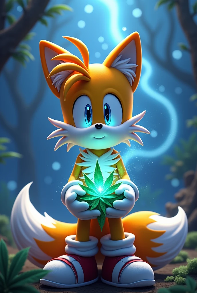 Miles tails with star eyes holding weed plant