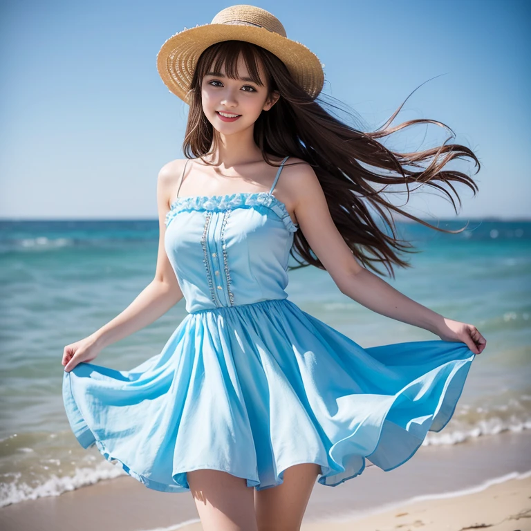 laughing out loud，(knee shot), 1 girl, light brown hair, blunt bangs, hair behind ears, Hair over the shoulders, long hair, Slender body type, Super thin face, face slimming, delicate lips, beautiful eyes, Thin blush, Eyes are light brown,Check it out here, (realistic:1.3), 8k, , Super detailed, high quality, best quality, High resolution, (Full breasts), 3, , (gauze skirt), (Tutu), wearing a light blue dress, Cute and elegant pose, (((Gauze puffy dress))), gauze skirt, five layer gauze skirt, There is petticoat inside the skirt，The dress is made of chiffon，Soft and fluffy dress, elegant, (Stand on the beach), wearing a straw hat, light blue dress,long skirt. hand on hat, chiffon dress