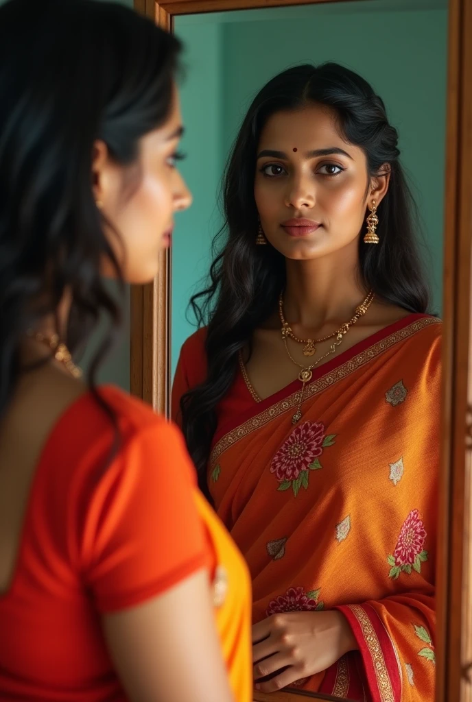 A girl age 25 Bengali girl picture good looking good figure, fair skin, wearing saree , standing in front of mirror , fair skin and healthy body , healthy Big body, fatty 