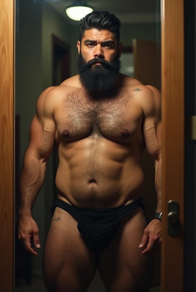 Strong Puerto Rican man with hairy body, very hairy, bearded man in front of the mirror naked naked from the belly down, nakeness, penis, very hairy black groin, only bust showing.