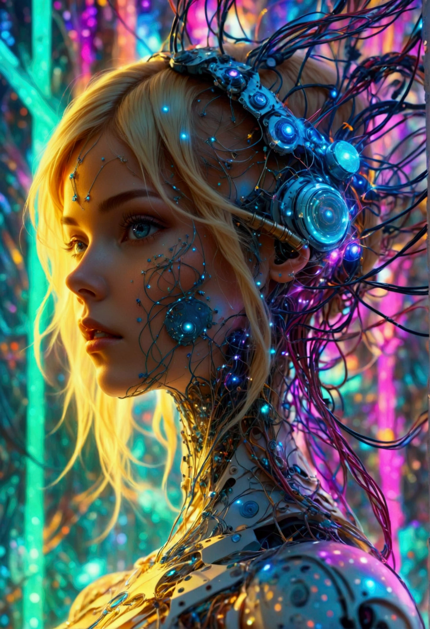 create image of a surreal scene of a full body woman with a head full of wires, karol bak uhd, beautiful digital artwork, blonde girl in a cosmic dress, 4k highly detailed digital art, digital art fantasy, digital art fantasy art, gorgeous digital art, digital fantasy art ), detailed fantasy digital art, digital fantasy art, beautiful sci fi art, cyborg goddess in cosmos, infinite  interstellar background scenery