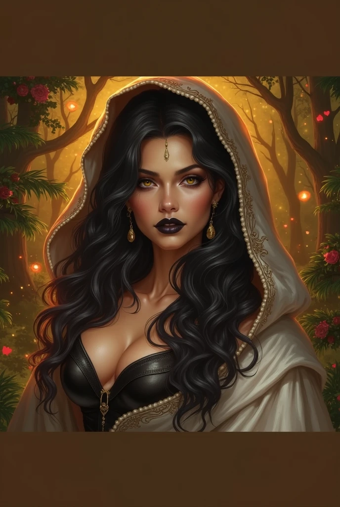 A beautiful elf queen with hazel eyes, tan skin, and long black curly hair, heavy dark eyeliner, black lipstick, She is wearing a shining white hood while standing in glowing green woods