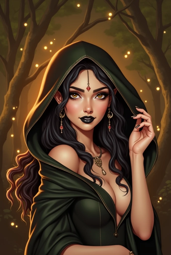 A beautiful elf queen with hazel eyes, tan skin, and long black curly hair, heavy dark eyeliner, black lipstick, She is wearing a shining white hood while standing in glowing green woods