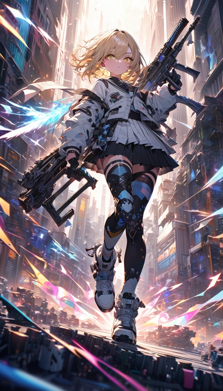 kawaii, cute boyish girl with very short boyish blonde hair, piercing gaze, glamorous proportions, wearing a white school uniform and gloves, holding a machine gun, background wide variety punks, (ultra detailed, absolutely resolution, best quality:1.3), 2.5D, delicate and dynamic effects, lighting effects, artistic, hyper, graphic CG digital art