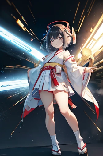 (highest quality)), ((masterpiece)), (very detailed: 1.3), 3d, {(japanese young girl)}, white theme, (ware a scarlet hakama:1.2), wear shrine maiden anime costume, wears a futuristic Gundam mecha,(Gundam), with headgear, with v-fin , armored shoulders,armored under arms, armored under legs, (holding a Japanese sword in the right hand:1.2), multilayer textureperfect proportions, octane rendering, duotone lighting, Low ISO, wide aperture, White balance, Rule of thirds, ultra HD16k, HDR (High Dynamic Range), Ray Tracing, nvidia RTX, Super Resolution, Subsurface Scattering, PBR Texturing, Post Processing, Anisotropic Filtering, Depth of Field, Maximum Clarity and Clarity, High efficiency subpixel, subpixel convolution, particles of light, light scattered, Tyndall effect, full body:1.5, battle pose, cute, (cute:1.2), (bob cut:1.3),Braid, Black Hair, Thick eyebrows, Light-colored irises, Big, bright black eyes, Long eyelashes, Small, light-colored, natural lips, (Average face of Japanese idols), (The uniquely Japanese childlike face:1.3), (baby face), Wide forehead:1.2, Plump Cheeks, Small jaw, visible side boob, broken streets, Broken City,looking at viewer,Focus on the eyes