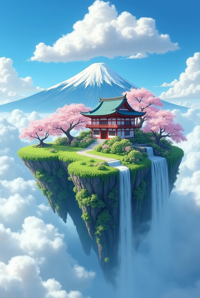 A floating island covered in lush green vegetation and cherry blossom trees, with a traditional Japanese house at its center. The island is surrounded by waterfalls cascading into the sky, with clouds and mist below. In the background, a majestic snow-capped mountain rises above the clouds under a clear blue sky. A large, fluffy cloud hovers above the mountain, adding a sense of tranquility and wonder to the scene."