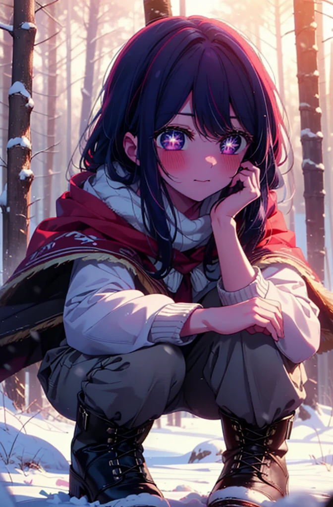 aihoshino, Ai Hoshino, Long Hair, bangs, (Purple eyes:1.1), Purple Hair, (Symbol-shaped pupil:1.5), smile,,smile,blush,white breath,
Open your mouth,snow,Ground bonfire, Outdoor, boots, snowing, From the side, wood, suitcase, Cape, Blurred, , forest, White handbag, nature, Squat, Mouth closed, Cape, winter, Written boundary depth, Black shoes, red Cape break looking at viewer, Upper Body, whole body, break Outdoor, forest, nature, break (masterpiece:1.2), Highest quality, High resolution, unity 8k wallpaper, (shape:0.8), (Beautiful and beautiful eyes:1.6), Highly detailed face, Perfect lighting, Highly detailed CG, (Perfect hands, Perfect Anatomy),