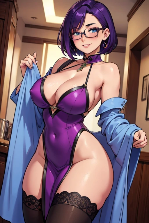 Beautiful young teenager, 1girl, purple hair, blue eyes, extremely short hair, lots of freckles, framed eyeglasses, heart shaped choker, happy, smiling, blushing, thick lips, full lips, huge breasts, extreme cleavage, deep cleavage, very thin body, keyhole chinese dress, sleeveless, bare arms, thigh stockings, perfect anatomy, restaurant background, detailed background, sunrise, ultra-detailed, 4k, 8k, best quality, masterpiece