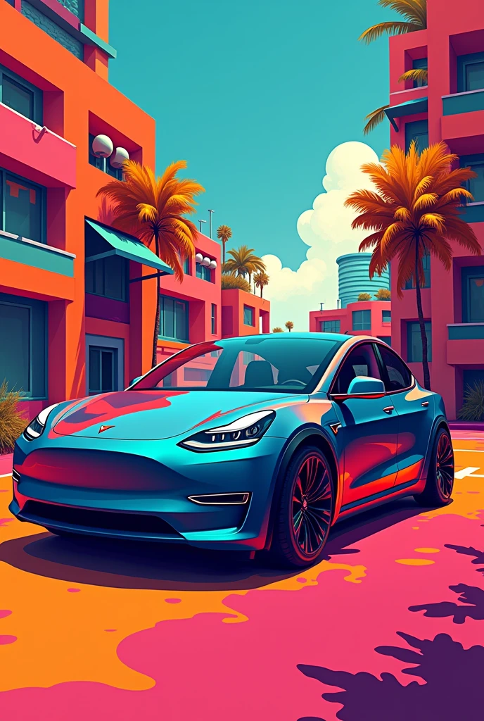 Tesla car style pop art full color