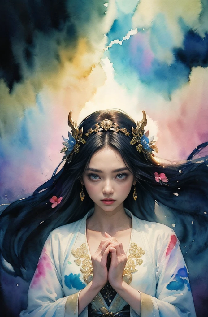 (Tabletop, Highest qualityの, Highest quality, Official Art, (beautifully、aesthetic:1.4), (Watercolor:1.4) ), (Izanami 1.5), 日本のgod話の女god, Majestic beauty, 創造の女god、生命の女god、Typically、((((Typically))))、Reincarnation Support, god&#39;Grace, Gentle and meditative expressions, Flowing, celestial garments, Shine、Created all the landscapes and worlds on Earth, A dazzling dance of light, Whispers of Ancient Legends