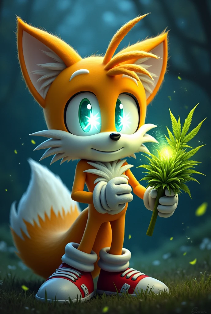 Miles tails with his eyes being stars , holding weed plant