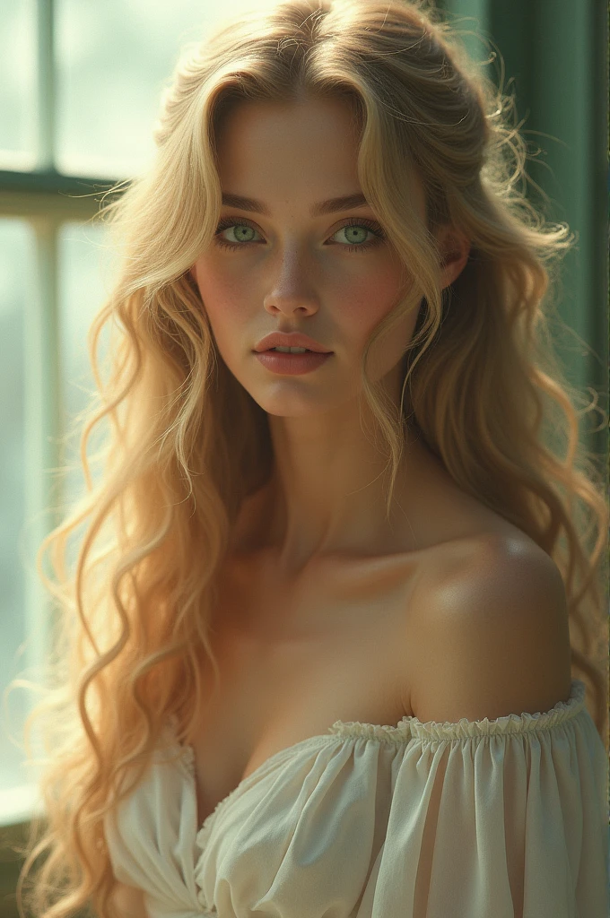 A beautiful girl with long, wavy blonde hair and green eyes